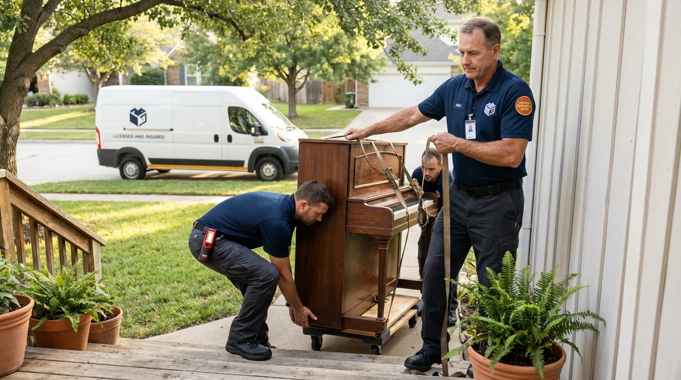 Licensed piano movers securing grand piano in South River, NJ