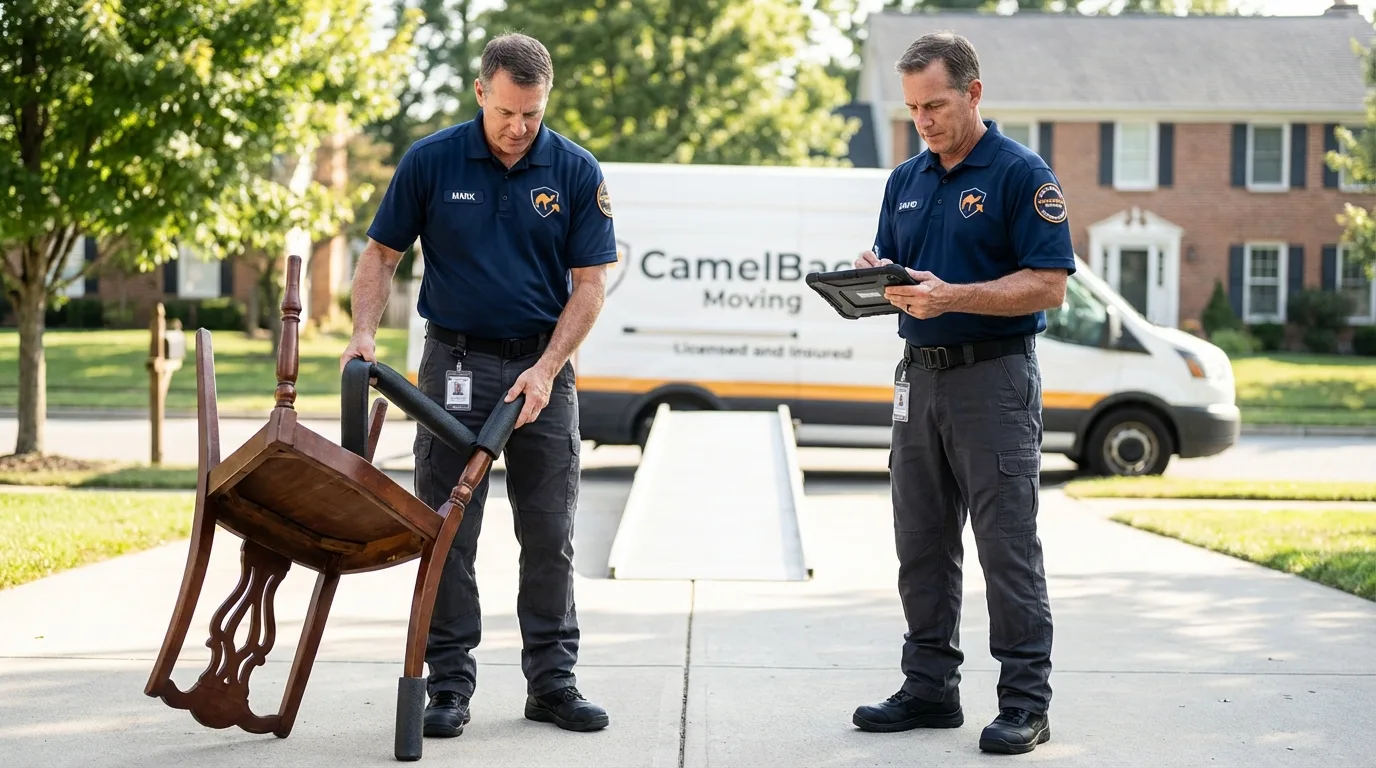 Movers inspecting furniture for damage prevention before loading in South River, NJ